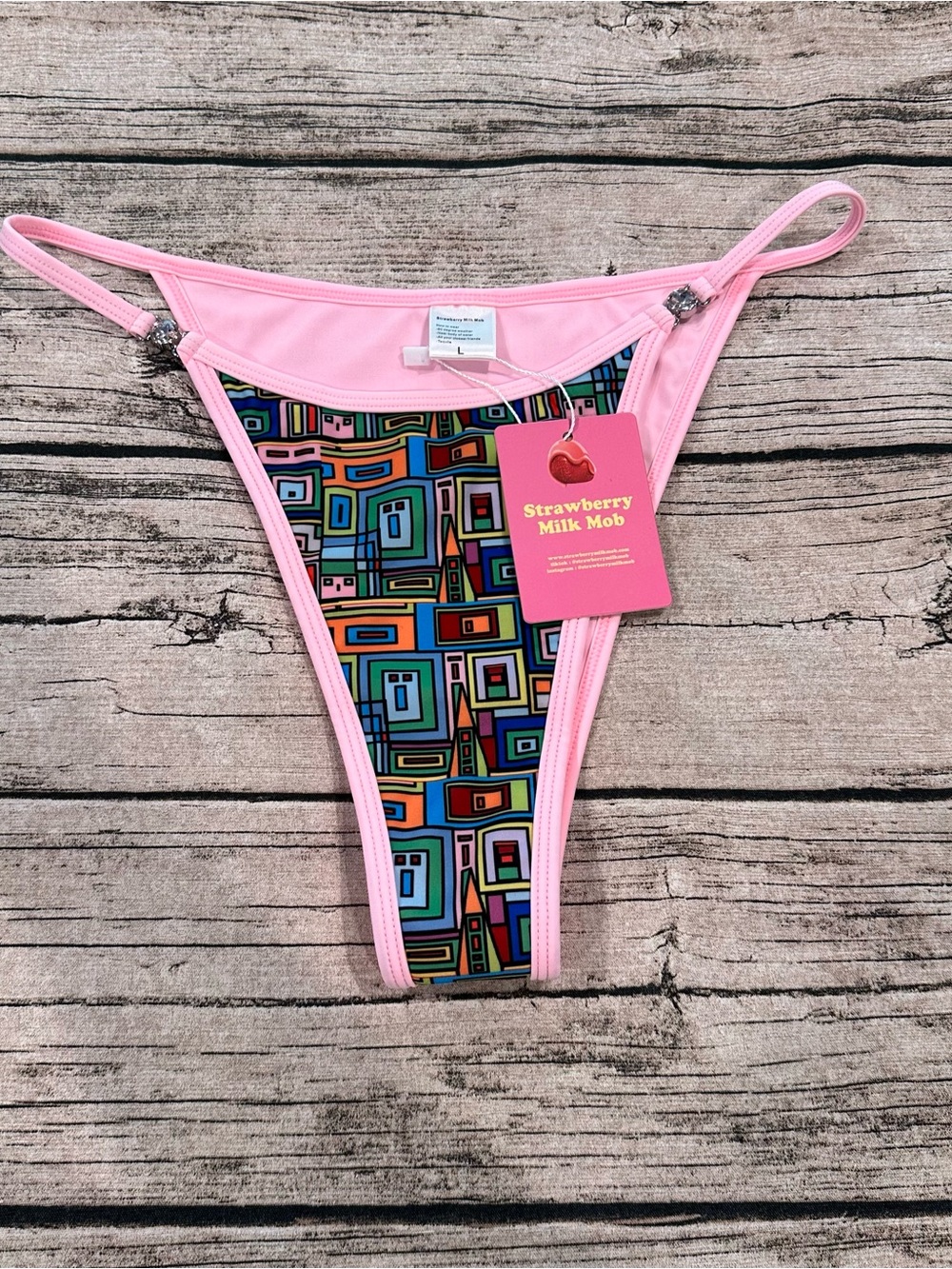 NWT Strawberry Milk Mob Pink Geometric Bikini Bottoms with Gem Accents Size LG